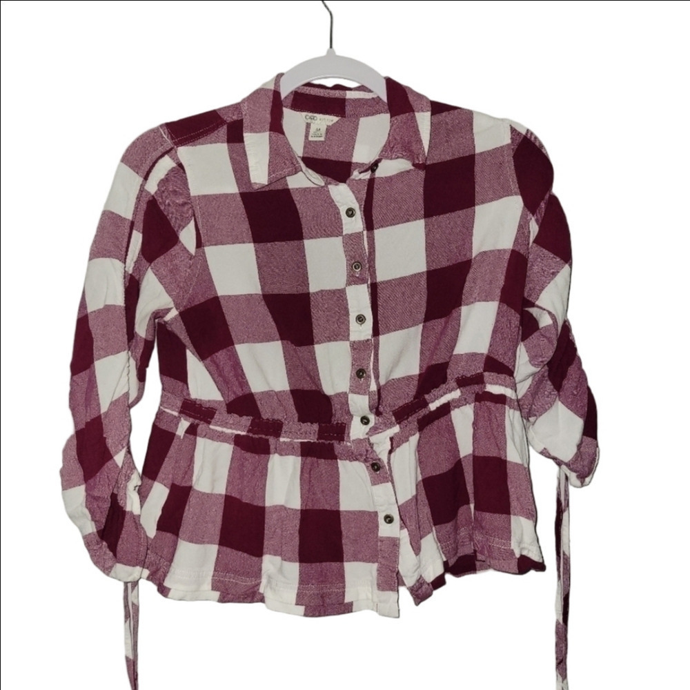 Cato Red And White Collared Blouse Medium Button Up Drawstring